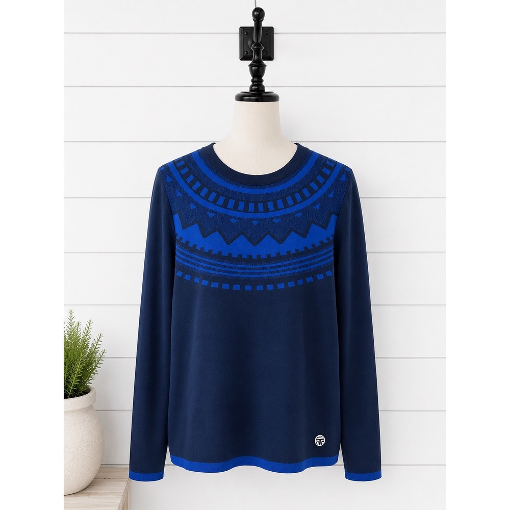 Tory Sport Top Womens Medium Navy Blue Seamless Knit Geometric Long Sleeve